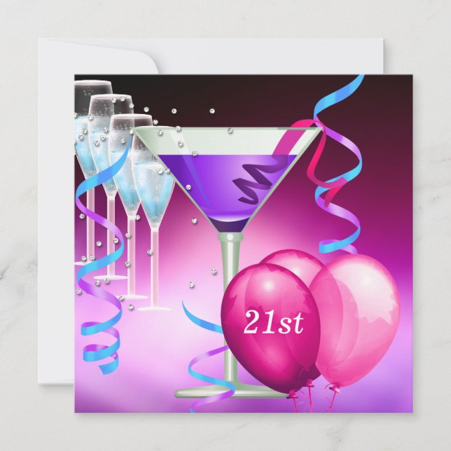 21st Birthday White Pink Purple Martini Balloons Invitation (Front)