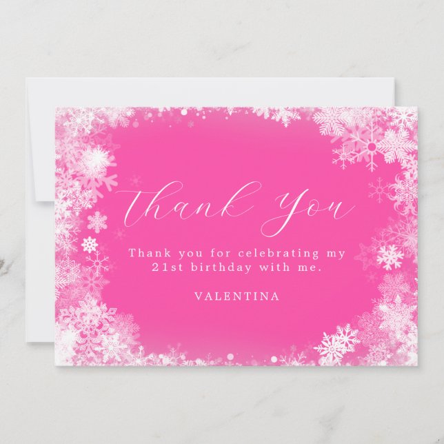 21st Birthday Winter Wonderland Snowflake Pink Thank You Card (Front)
