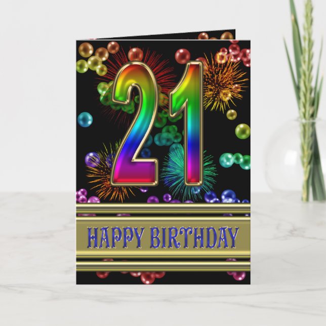 21st Birthday with rainbow bubbles and fireworks Card (Front)