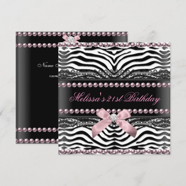 21st Birthday Zebra Pink White Black Lace Pearl Invitation (Front/Back)