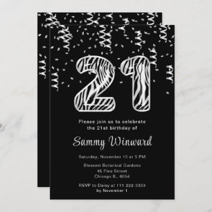 21st Birthday Zebra Print Balloons with Confetti Invitation