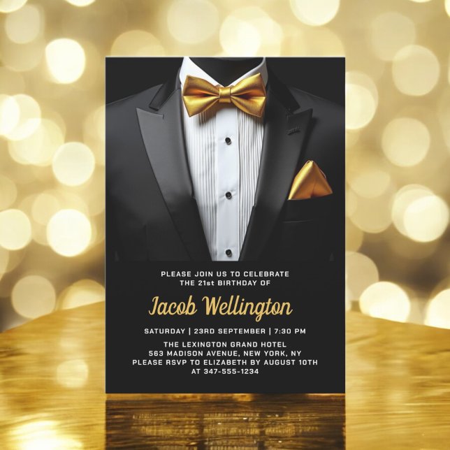 21st Black and Gold Tuxedo Birthday Event Invitation (Creator Uploaded)