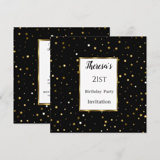 21st Black Gold Stars Birthday Party Invitation (Front/Back)