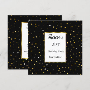 21st Black Gold Stars Birthday Party Invitation