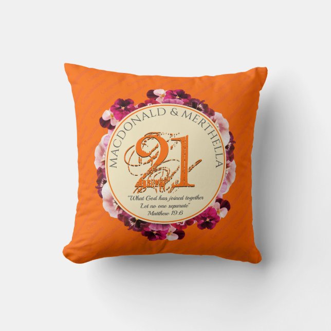21st BRASS Wedding Anniversary Orange | Christian Cushion (Front)