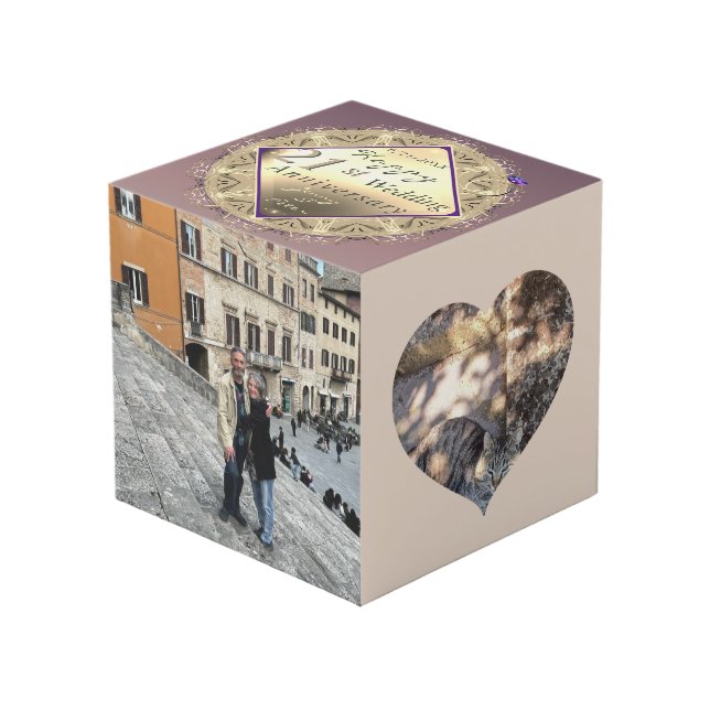 21st Brass Wedding Anniversary Photo Cube (Front Angled)