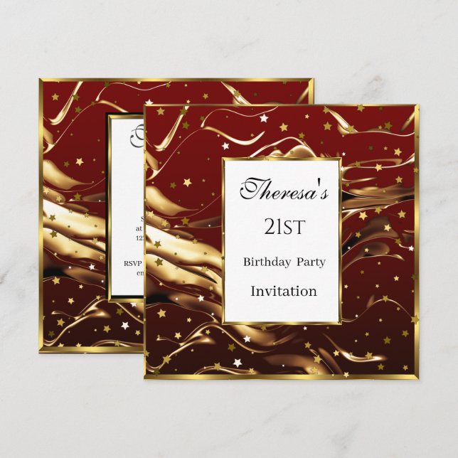 21st Burgundy Gold Stars Birthday Party Invitation (Front/Back)