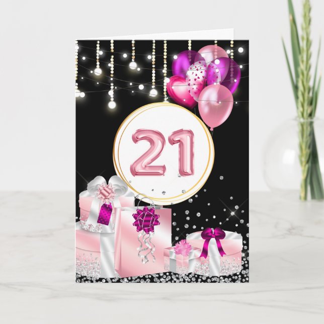 21st celebration purple black glitter balloons card (Front)