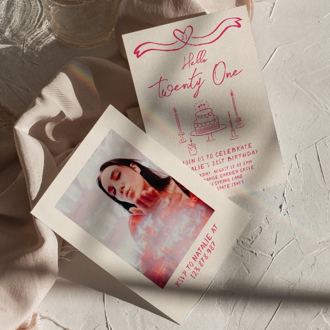 21st Doddle Cake Hello Twenty One Photo Birthday Invitation (Creator Uploaded)