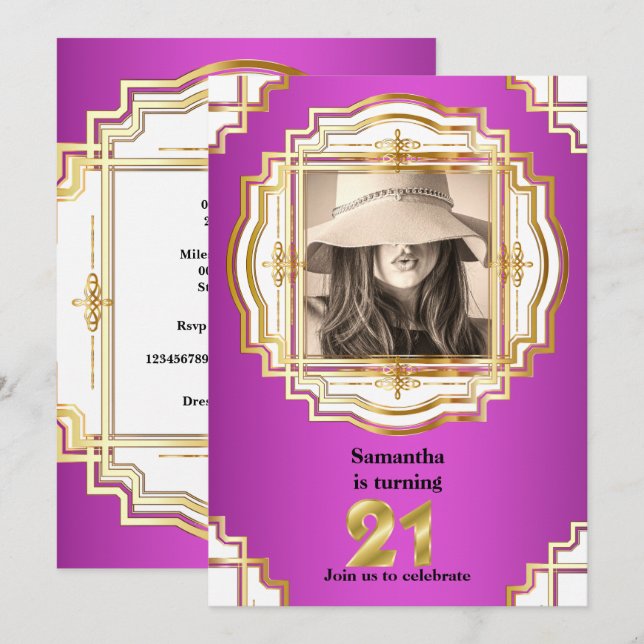 21st elegant gold white pink photo frame party invitation (Front/Back)