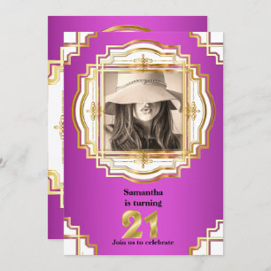 21st elegant gold white pink photo frame party invitation