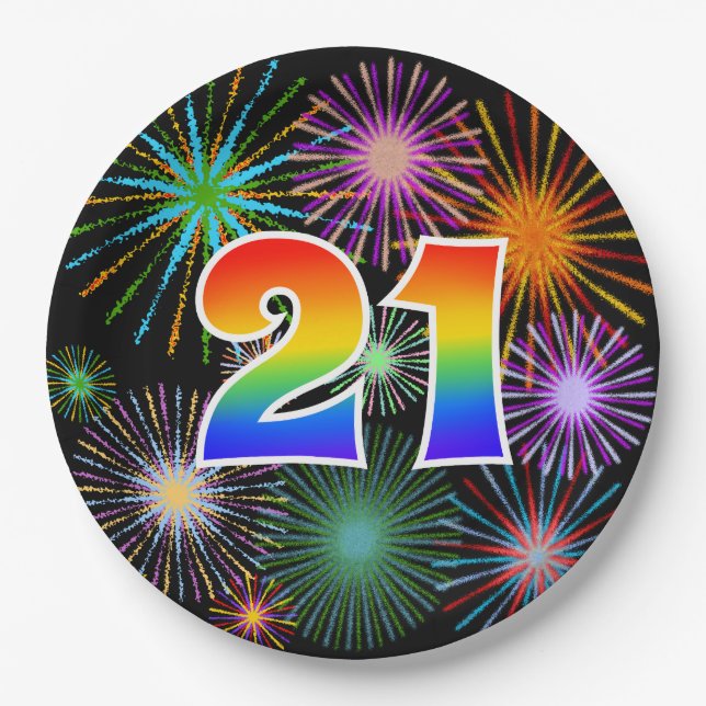 21st Event - Fun, Colourful, Bold, Rainbow 21 Paper Plate (Front)