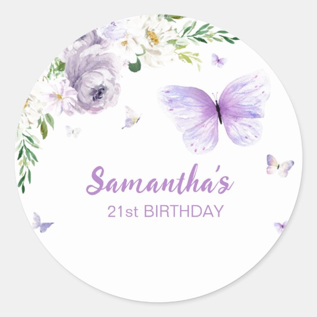21st Floral Purple Gold Butterfly  Classic Round Sticker (Front)