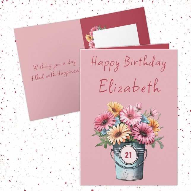 21st gerbera flowers name pink birthday card (Creator Uploaded)