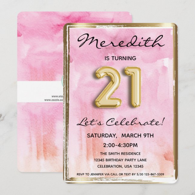 21st Girl Birthday Pink and Gold Invitation (Front/Back)