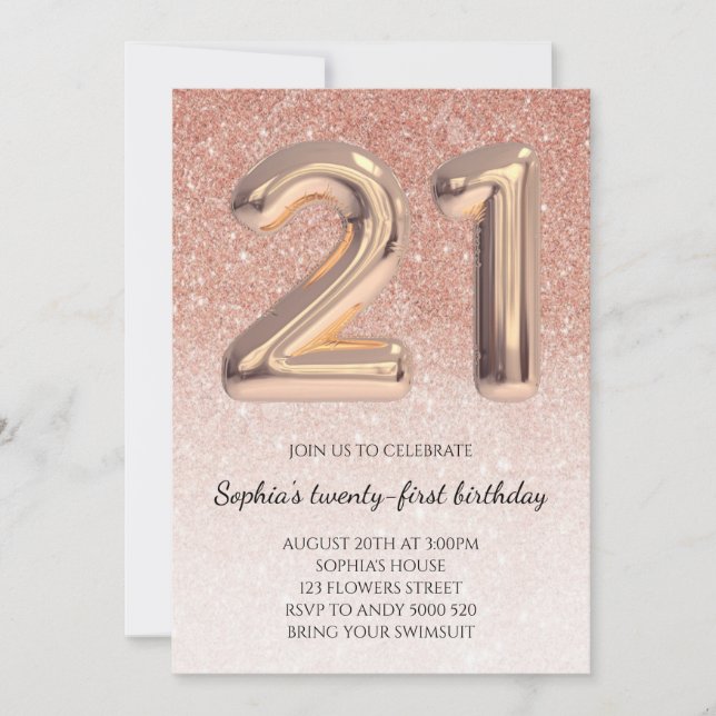 21st Girl Birthday Rose Gold Glitter Elegant Invitation (Front)