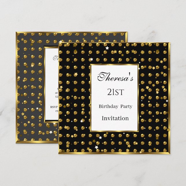 21st Gold Polka Dots Gold Stars Black Birthday  Invitation (Front/Back)