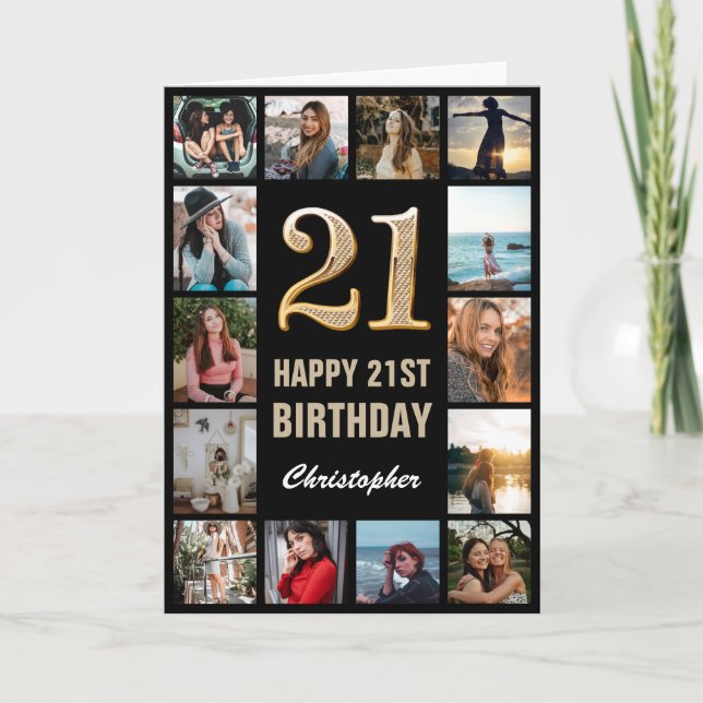 21st Happy Birthday Black and Gold Photo Collage Card (Front)