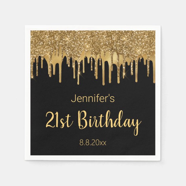 21st happy birthday black gold dripping glitters napkin (Front)
