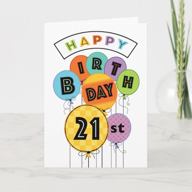 21st Happy Birthday Bright Typography Balloons Card (Front)