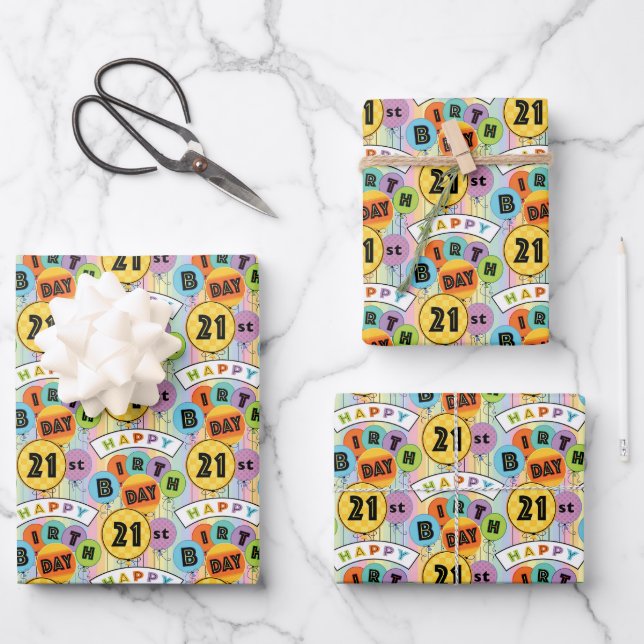 21st Happy Birthday Bright Typography Balloons  Wrapping Paper Sheet (Front)