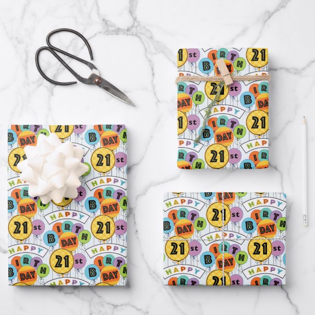 21st Happy Birthday Bright Typography Balloons  Wrapping Paper Sheet (Front)