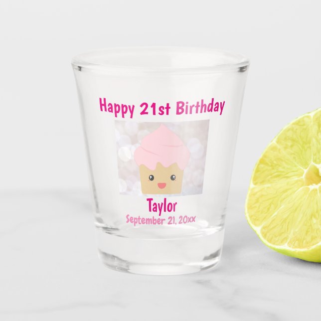 21st Happy Birthday Cute Pink Cupcake Souvenir Shot Glass (Front)