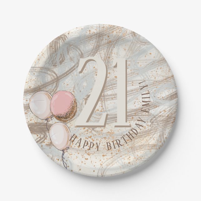 21st Happy Birthday Name Balloons Abstract Paper Plate (Front)