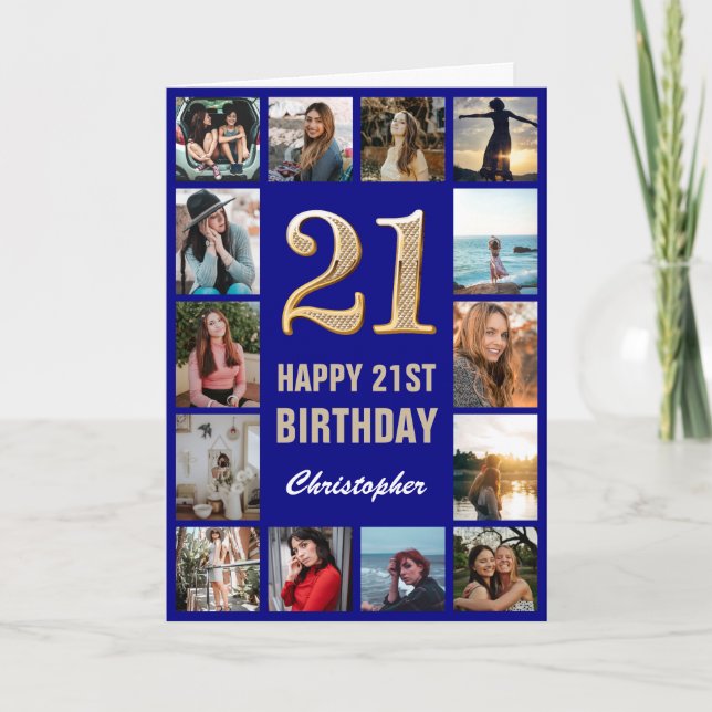 21st Happy Birthday Navy Blue & Gold Photo Collage Card (Front)