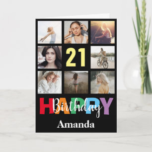 21st Happy Birthday Photo Collage Modern Black Card