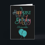 21st Happy Birthday Stylish Text Name Colourful Card<br><div class="desc">Wish a happy twenty first in multicolor style! Happy Birthday is set in a fun multicolor typography in shades of teal, pink, blue, coral and orange, on a classic black background. The age and your recipient’s name are in a cordinating typeface. You can change the greeting inside to your own...</div>