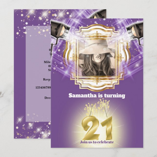 21st Hollywood VIP photo purple lights movie star Invitation (Front/Back)