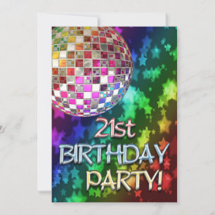 21st invitation with disco ball and rainbow stars