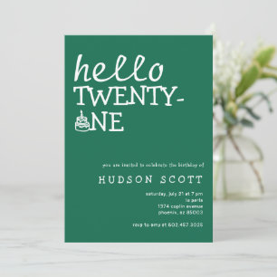 21st Mens Birthday Party Hello Twenty-One Green Invitation
