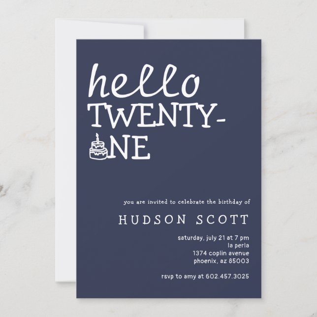 21st Mens Birthday Party Hello Twenty-One Navy Invitation (Front)