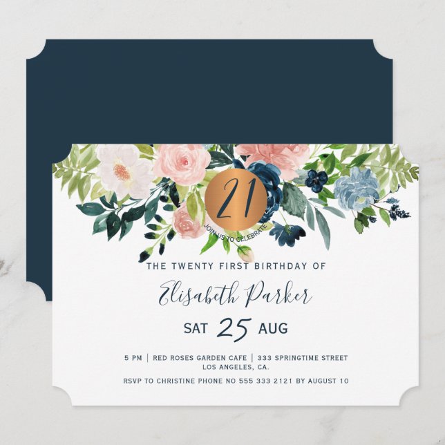 21st modern navy floral watercolor birthday party invitation (Front/Back)