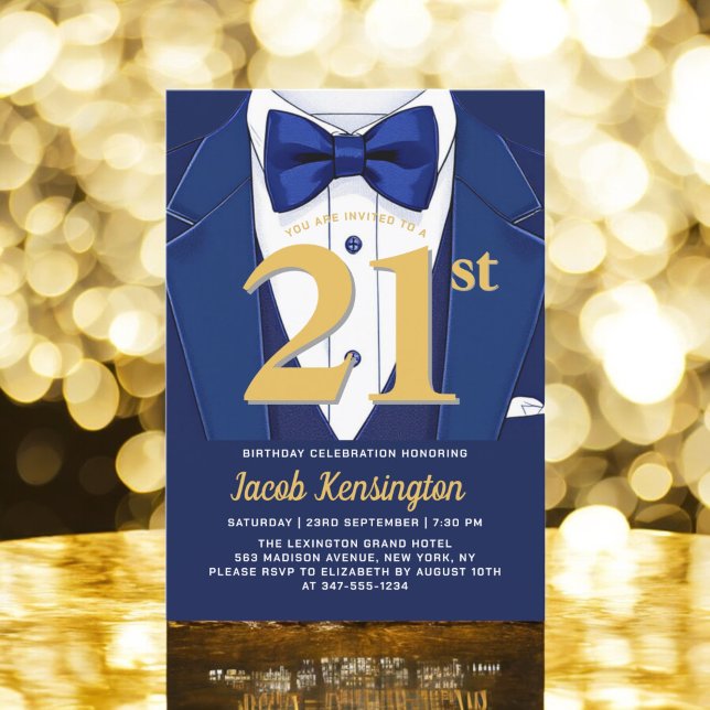 21st Navy Blue and Gold Tuxedo Birthday Event Invitation (Creator Uploaded)