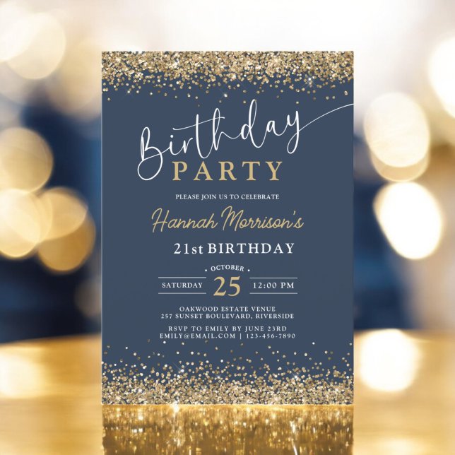 21st Navy Blue Gold Glitter Any Age Birthday  Invitation (Creator Uploaded)