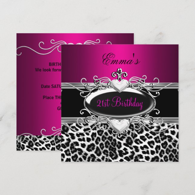 21st Party Silver Pink Black White Leopard Invitation (Front/Back)