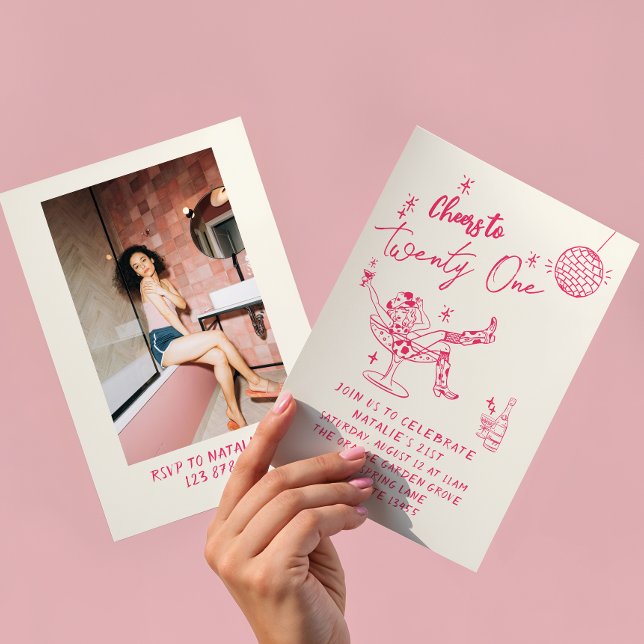 21st Pink Drawn Cowgirl Coastal Photo Fun Birthday Invitation (Creator Uploaded)