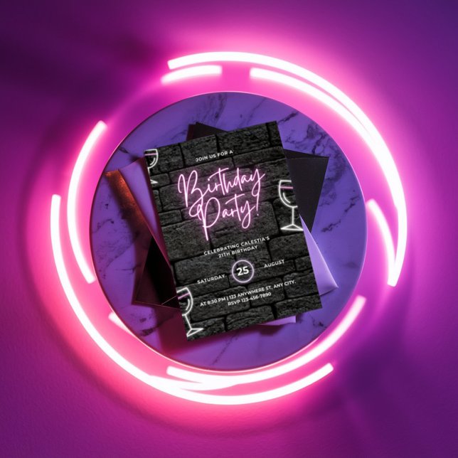21st Pink Neon Birthday Party Invitation (Creator Uploaded)
