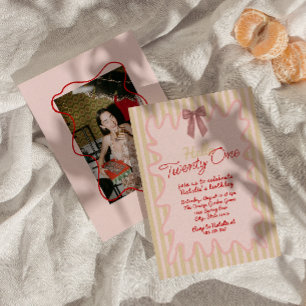 21st Retro Drawn Bow Wavy Frame Photo Birthday  Invitation