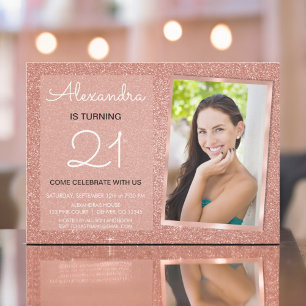 21st Sparkle Rose Gold Blush Pink Photo Invitation