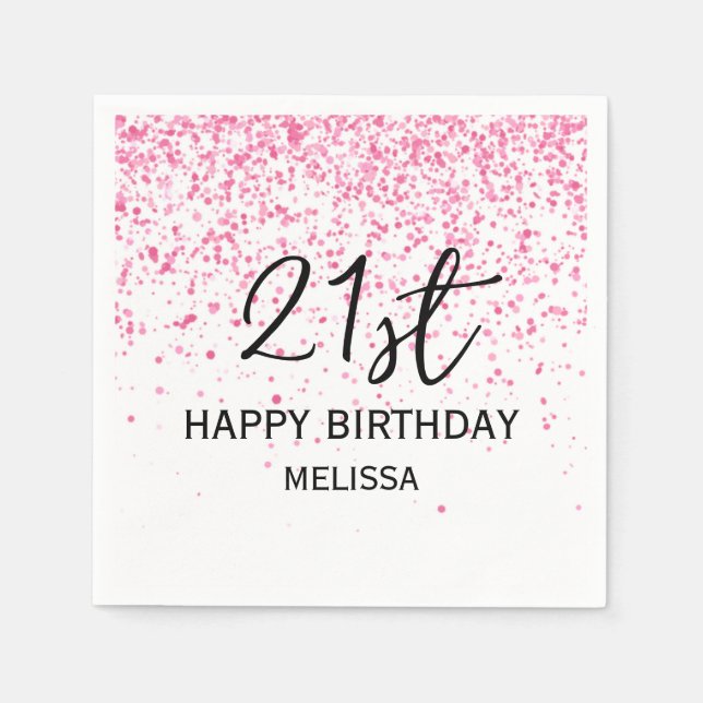 21st Sparkling Hot Pink Glitter Birthday Napkin (Front)