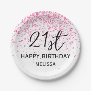 21st Sparkling Hot Pink Glitter Birthday Paper Plate