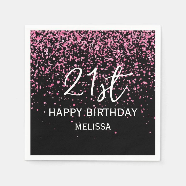 21st Sparkling Hot Pink Glitter Black Birthday Napkin (Front)