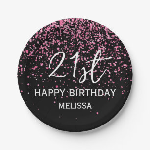 21st Sparkling Hot Pink Glitter Black Birthday Paper Plate