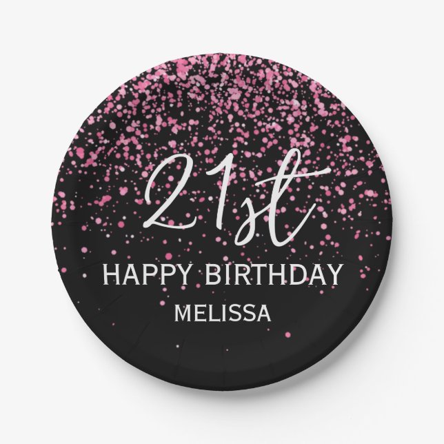 21st Sparkling Hot Pink Glitter Black Birthday Paper Plate (Front)