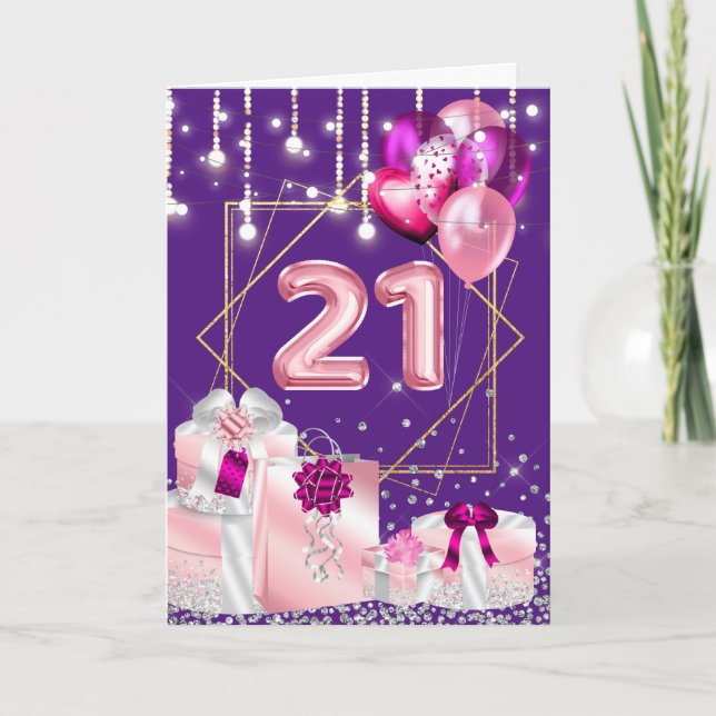 21st string lights pink gold gifts bows birthday card (Front)