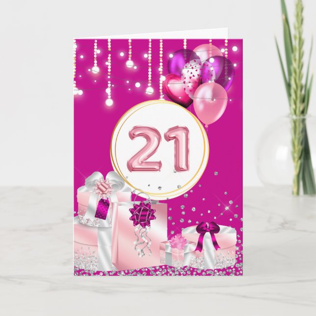 21st string lights pretty gifts ribbons birthday card (Front)